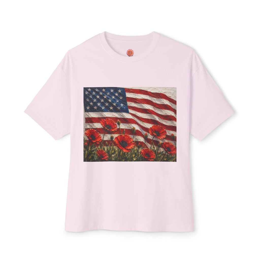 American Flag Poppy Tee Shirt -Unisex Oversized Boxy Tee