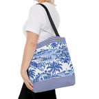 Nassau Blue Coastal Toile Tote Bag — Nautical Bahama / Palm Beach Scene All-Over Print