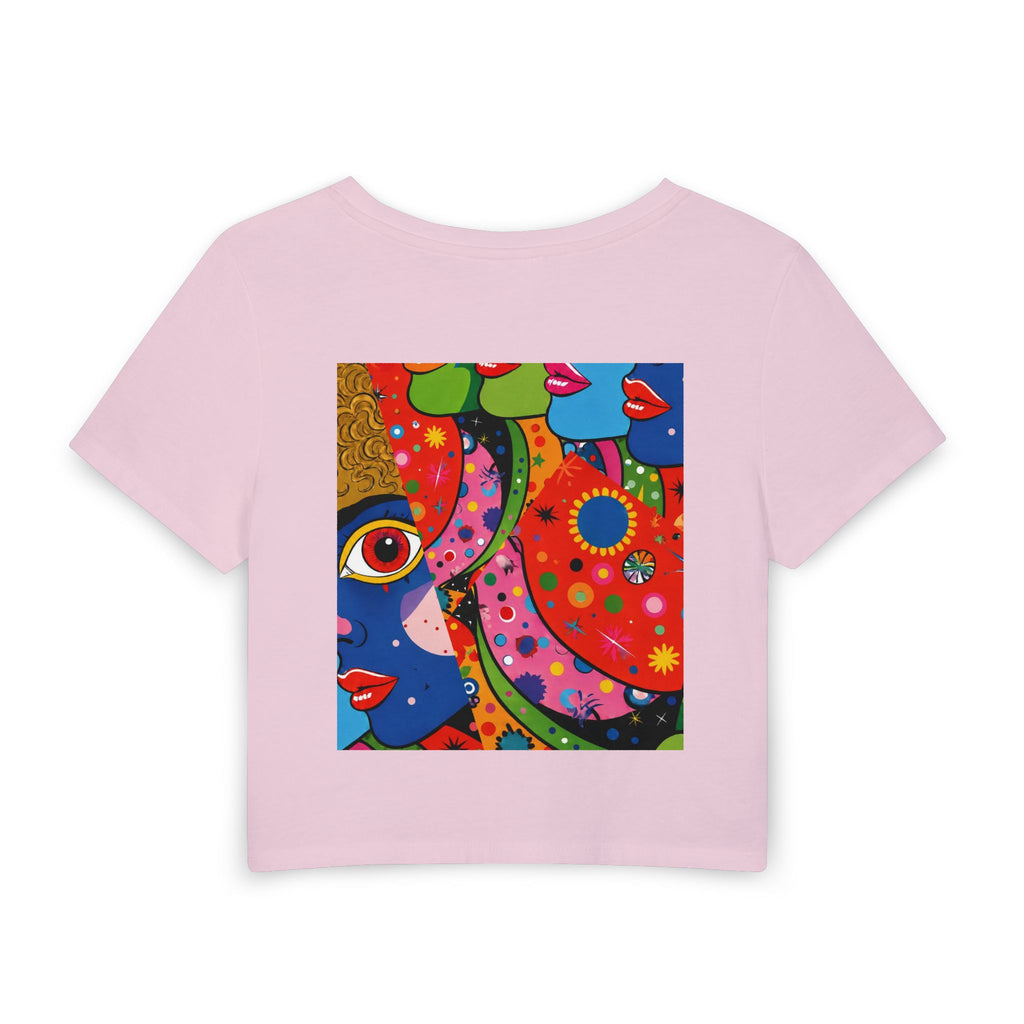 Pop Art Faces Crop Tee — Colorful Women's Baby Tee