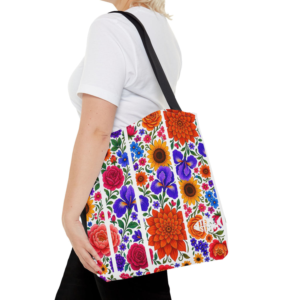 Floral Stripe Tote Bag — Bright Mexican Folk Art Flowers AOP