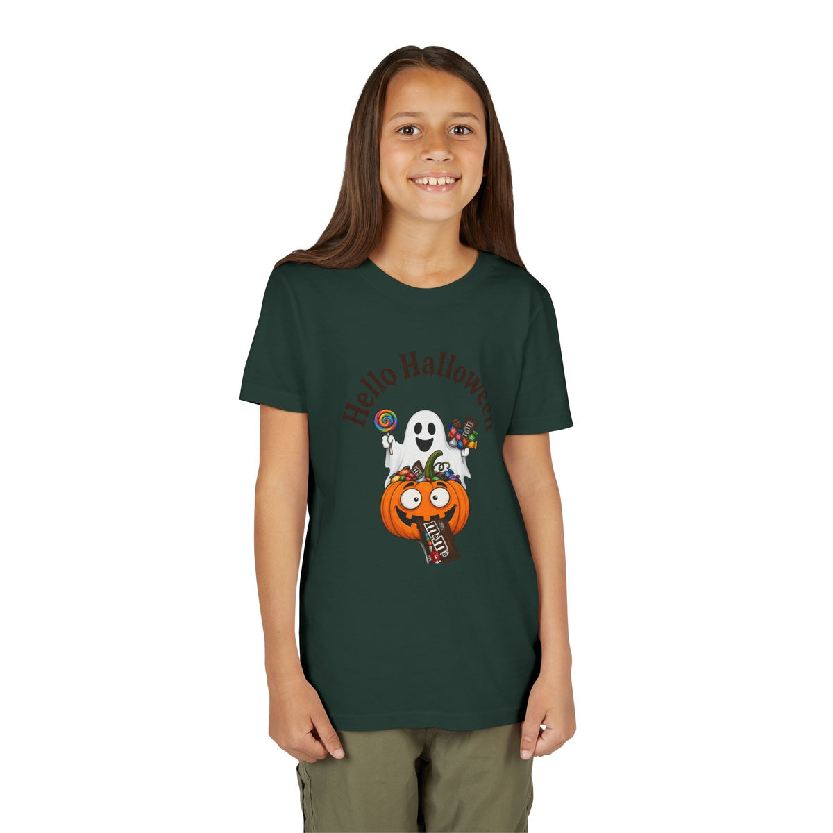 Youth Halloween Tee - "Hello Halloween" Ghost & Pumpkin Trick-or-Treat Shirt
