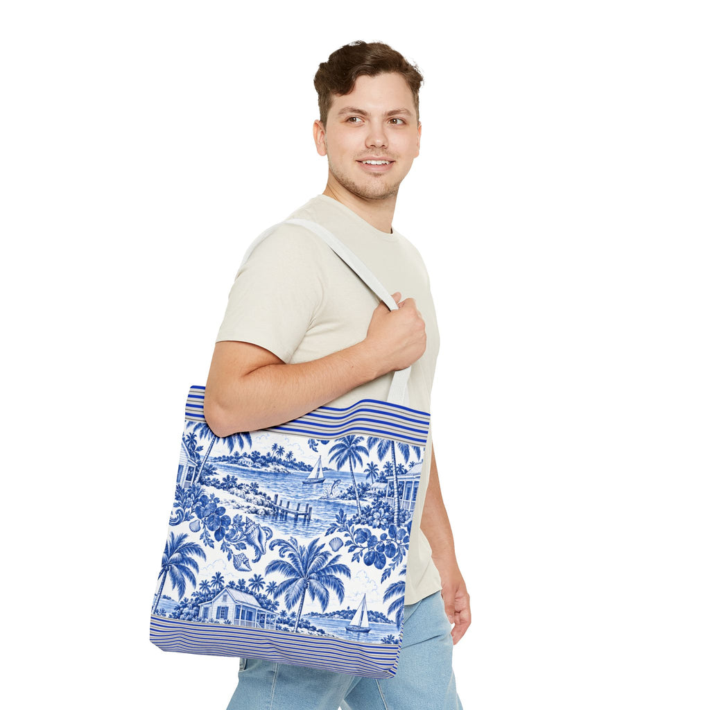 Nassau Blue Coastal Toile Tote Bag — Nautical Bahama / Palm Beach Scene All-Over Print