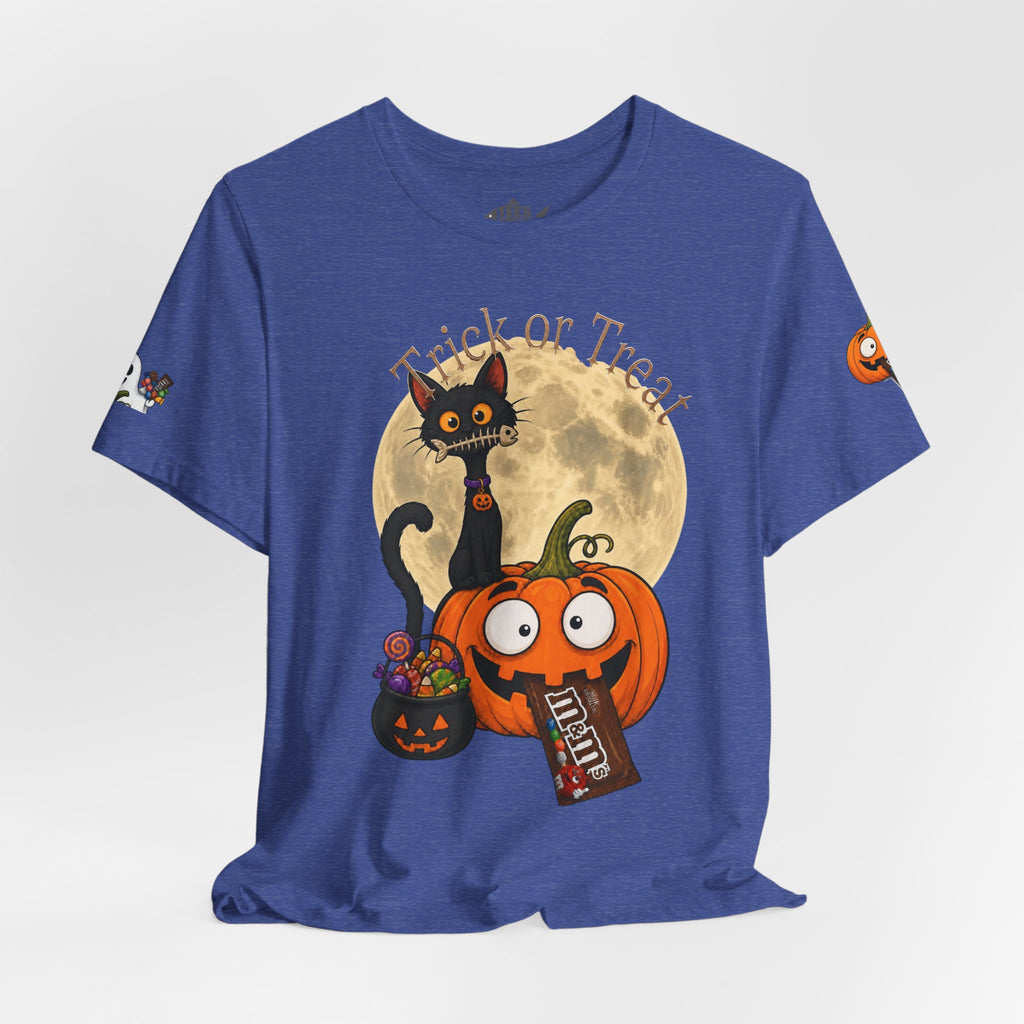 Heather Blue / Back, Front, sleeve design, Halloween T-shirt with a black cat orange pumpkin, full moon trick or treat candy bucket with candy and "Trick or Treat" text.