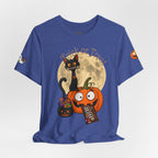 Heather Blue / Back, Front, sleeve design, Halloween T-shirt with a black cat orange pumpkin, full moon trick or treat candy bucket with candy and "Trick or Treat" text.