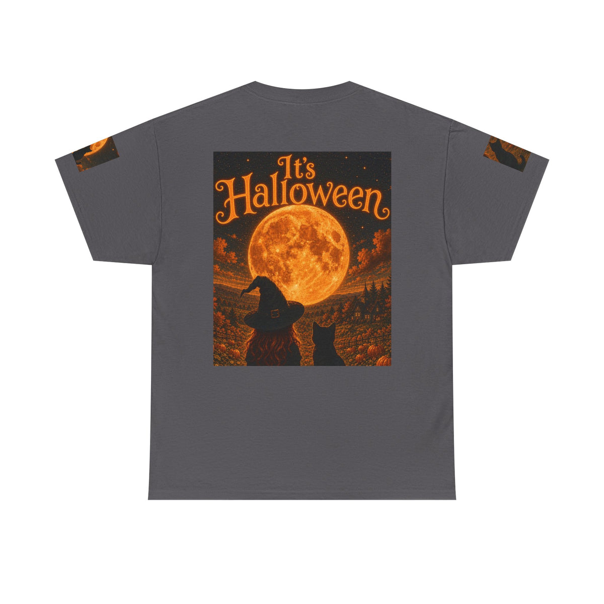 Halloween Graphic Tee — "It's Halloween" Witch & Cat Moon Design