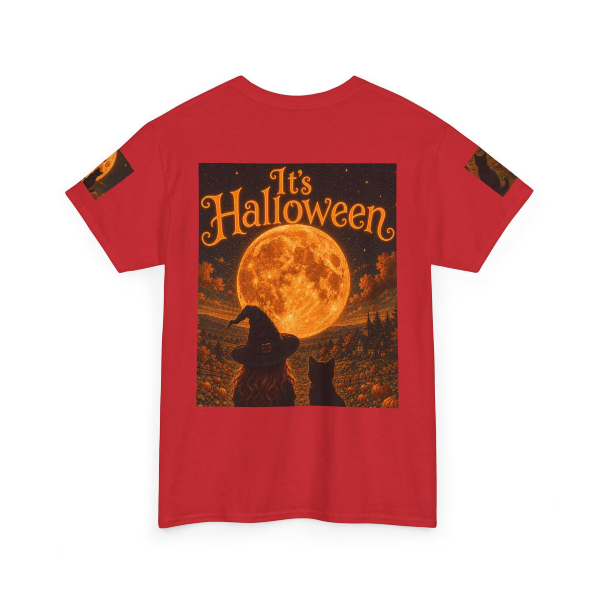 Halloween Graphic Tee — "It's Halloween" Witch & Cat Moon Design