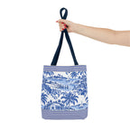 Nassau Blue Coastal Toile Tote Bag — Nautical Bahama / Palm Beach Scene All-Over Print