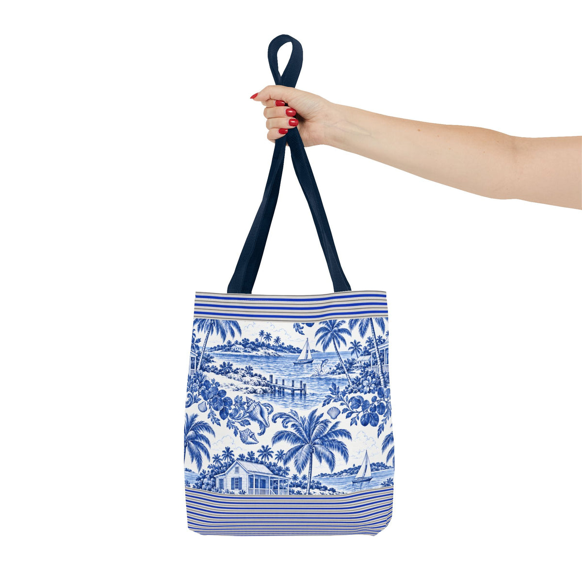 Nassau Blue Coastal Toile Tote Bag — Nautical Bahama / Palm Beach Scene All-Over Print