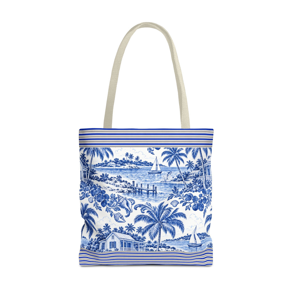 Nassau Blue Coastal Toile Tote Bag — Nautical Bahama / Palm Beach Scene All-Over Print
