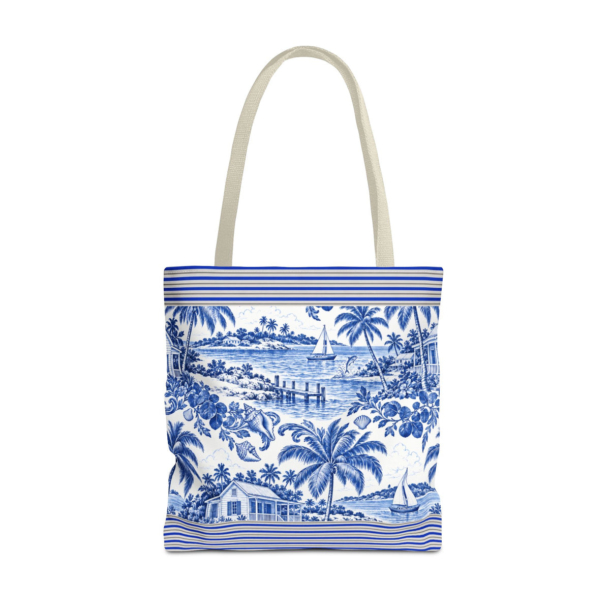 Nassau Blue Coastal Toile Tote Bag — Nautical Bahama / Palm Beach Scene All-Over Print