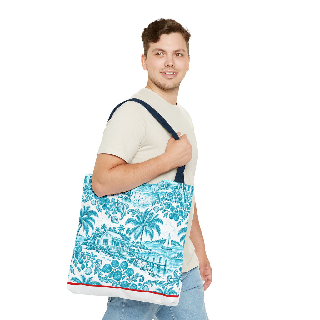 Turquoise coastal Toile Tote Bag- Palm Trees & Island Houses.