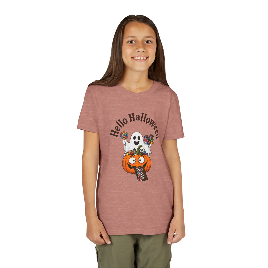 Youth Halloween Tee - "Hello Halloween" Ghost & Pumpkin Trick-or-Treat Shirt