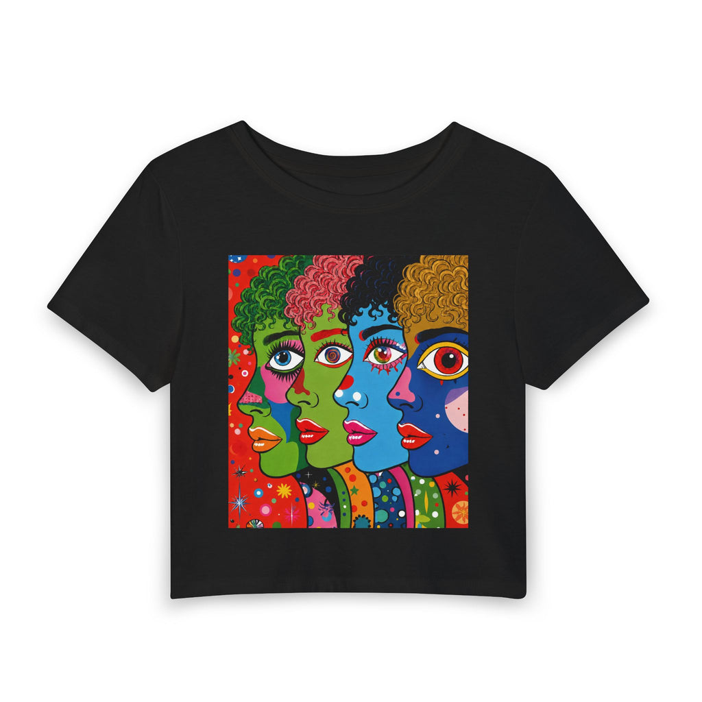 Pop Art Faces Crop Tee — Colorful Women's Baby Tee