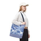 Nassau Blue Coastal Toile Tote Bag — Nautical Bahama / Palm Beach Scene All-Over Print