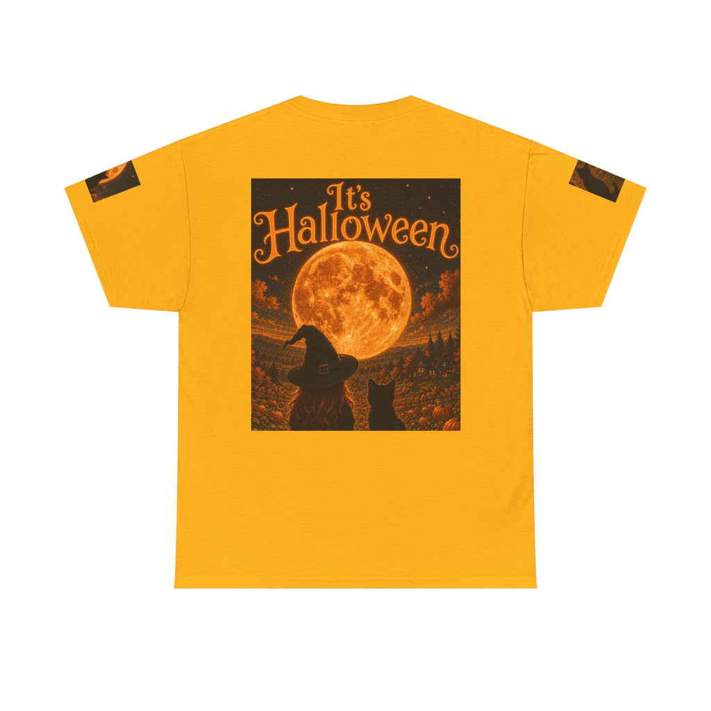 Halloween Graphic Tee — "It's Halloween" Witch & Cat Moon Design