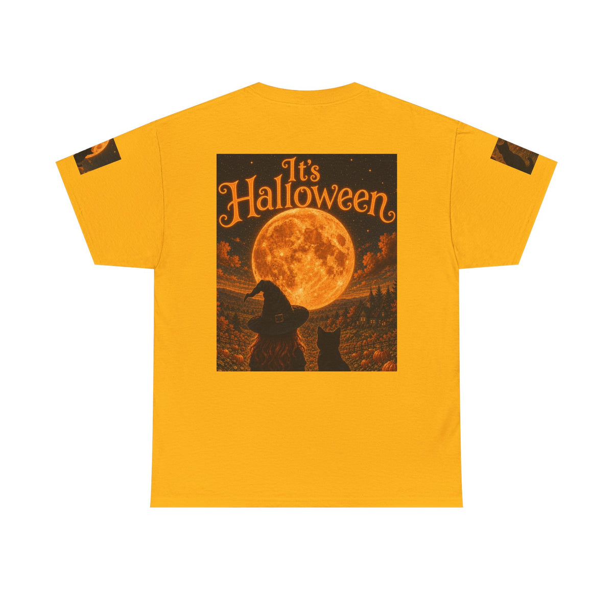Halloween Graphic Tee — "It's Halloween" Witch & Cat Moon Design