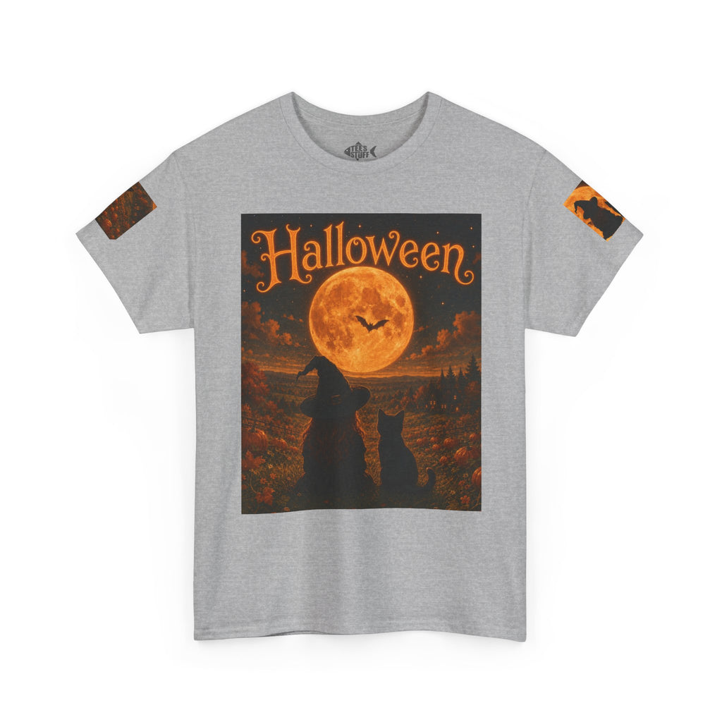 Halloween Graphic Tee — "It's Halloween" Witch & Cat Moon Design