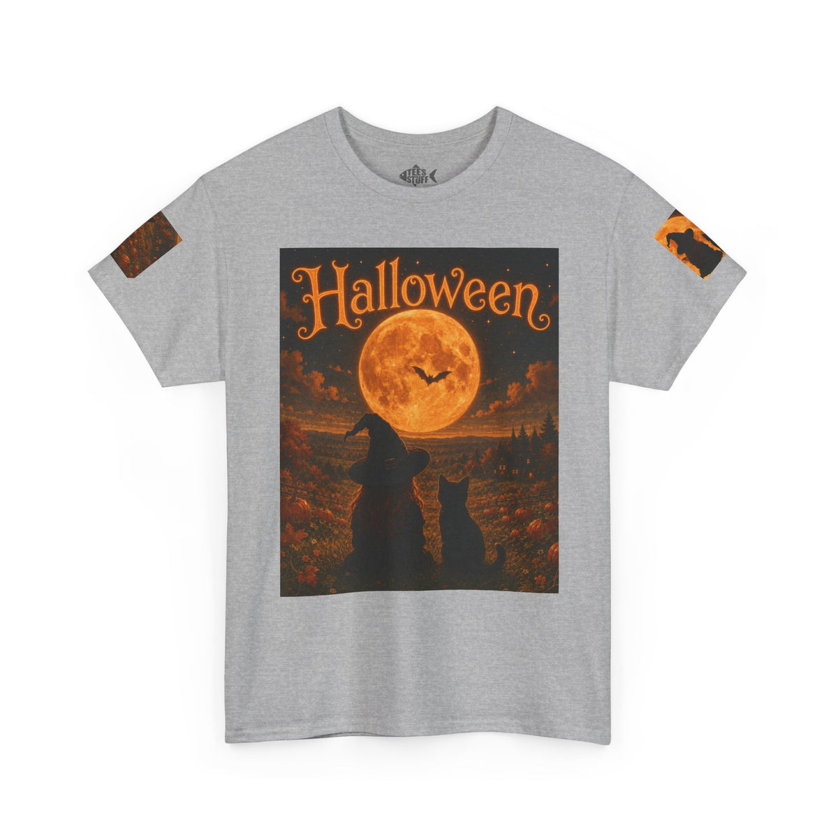 Halloween Graphic Tee — "It's Halloween" Witch & Cat Moon Design