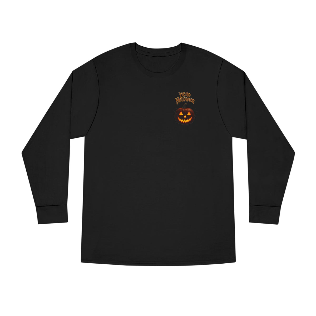Halloween Cat Long Sleeve Tee — 'Hello Halloween' Jack-O'-Lantern Graphic