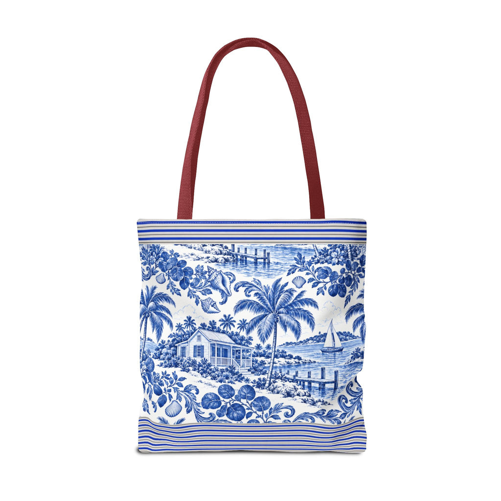 Nassau Blue Coastal Toile Tote Bag — Nautical Bahama / Palm Beach Scene All-Over Print