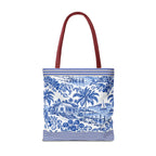 Nassau Blue Coastal Toile Tote Bag — Nautical Bahama / Palm Beach Scene All-Over Print