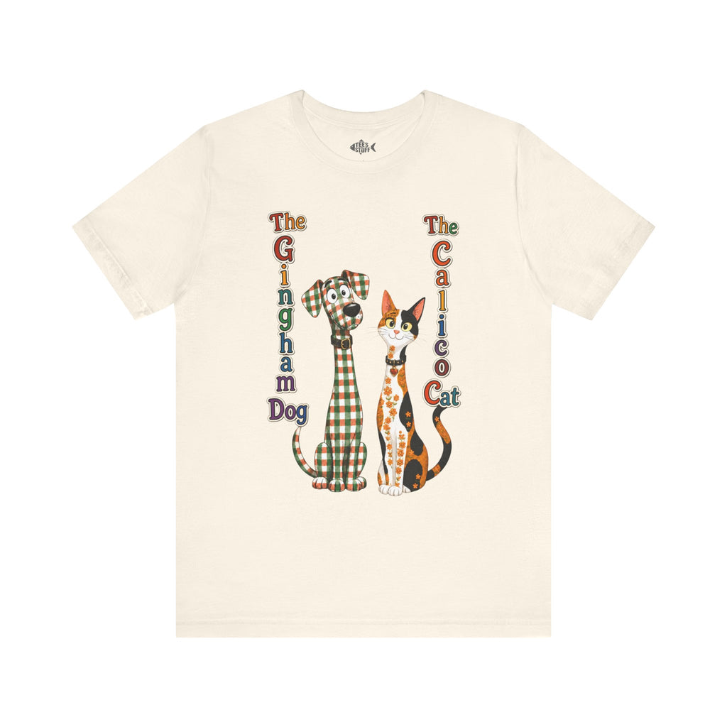 Gingham Dog & Calico Cat Tee — Plaid Pet Illustration T-Shirt
