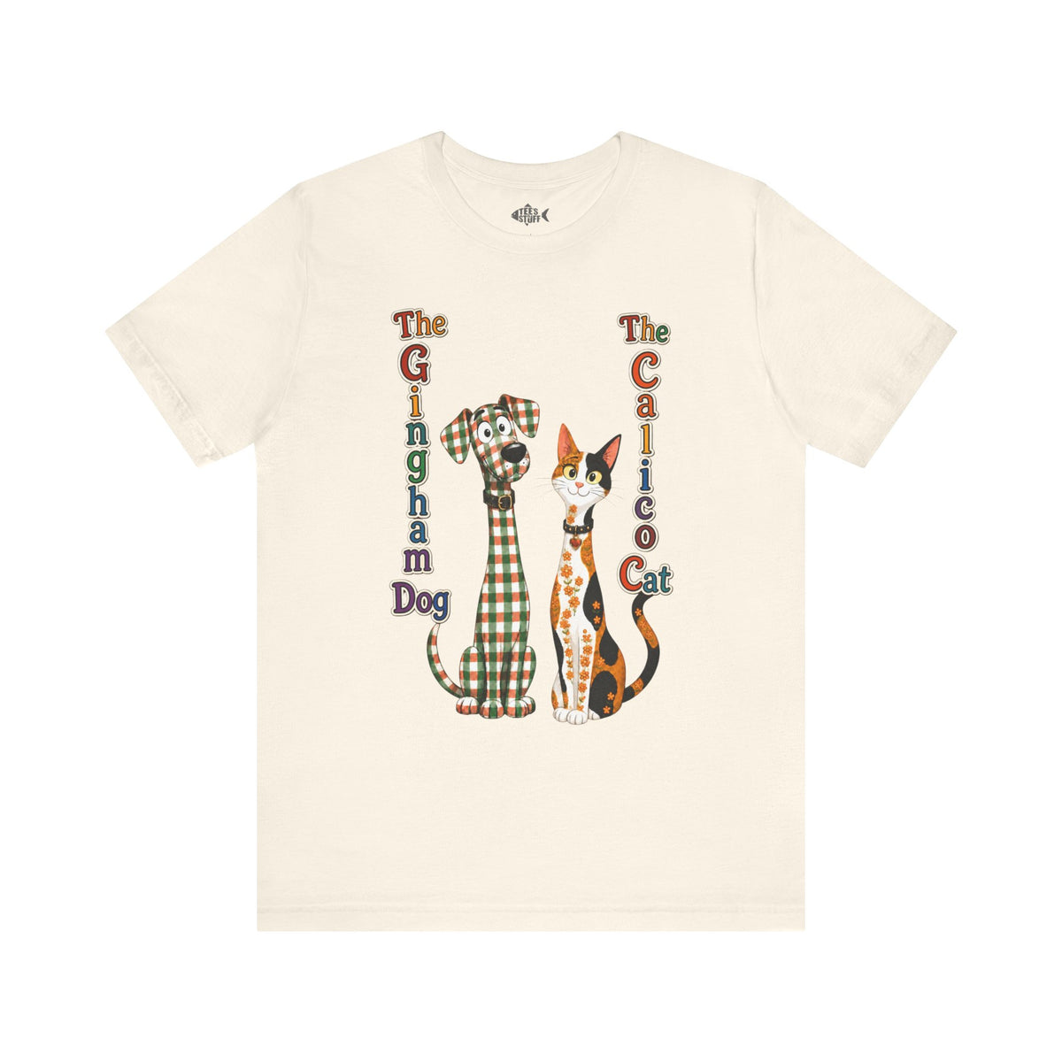 Gingham Dog & Calico Cat Tee — Plaid Pet Illustration T-Shirt