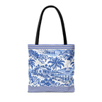 Nassau Blue Coastal Toile Tote Bag — Nautical Bahama / Palm Beach Scene All-Over Print