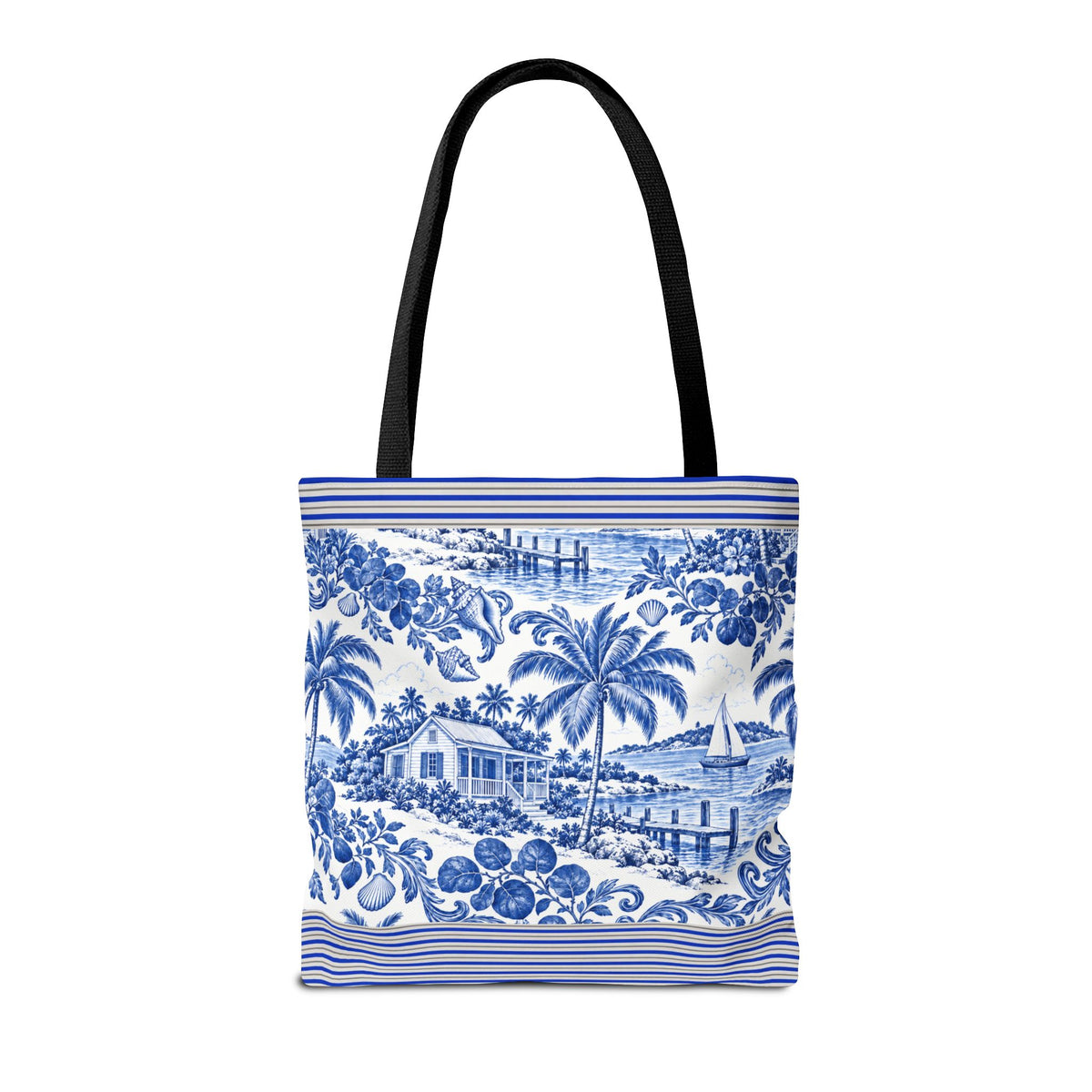 Nassau Blue Coastal Toile Tote Bag — Nautical Bahama / Palm Beach Scene All-Over Print
