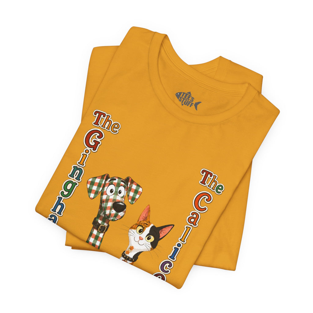 Gingham Dog & Calico Cat Tee — Plaid Pet Illustration T-Shirt