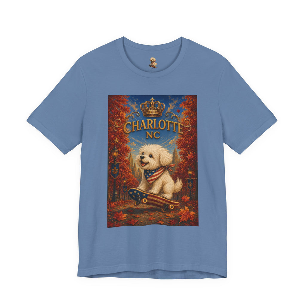 Charlotte NC Dog Tee — Cute Pup on Skateboard Patriotic T‑Shirt