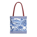Nassau Blue Coastal Toile Tote Bag — Nautical Bahama / Palm Beach Scene All-Over Print