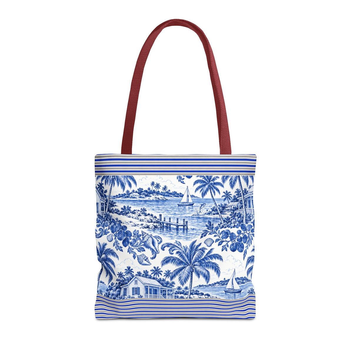Nassau Blue Coastal Toile Tote Bag — Nautical Bahama / Palm Beach Scene All-Over Print