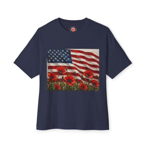 American Flag Poppy Tee Shirt -Unisex Oversized Boxy Tee