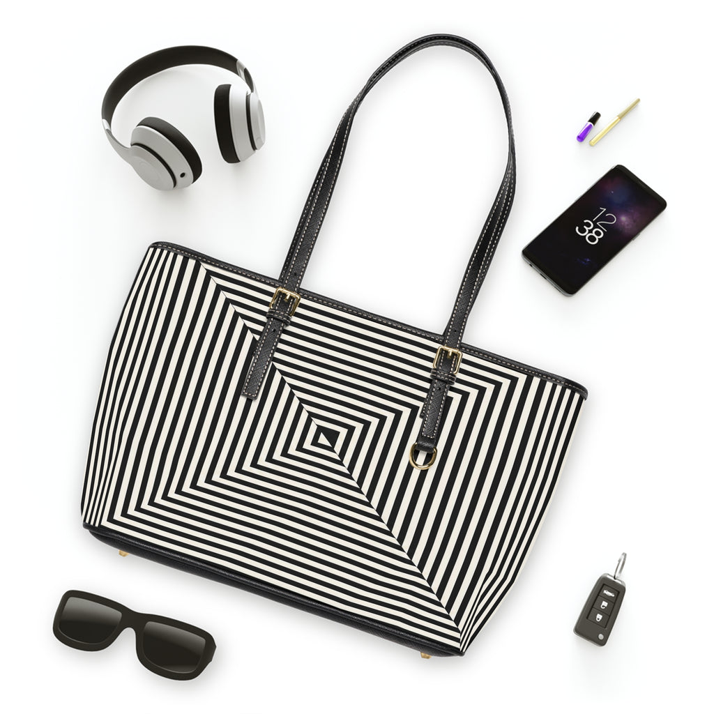 Geometric Spiral Tote Bag — Black & White Optical PU Shoulder Bag