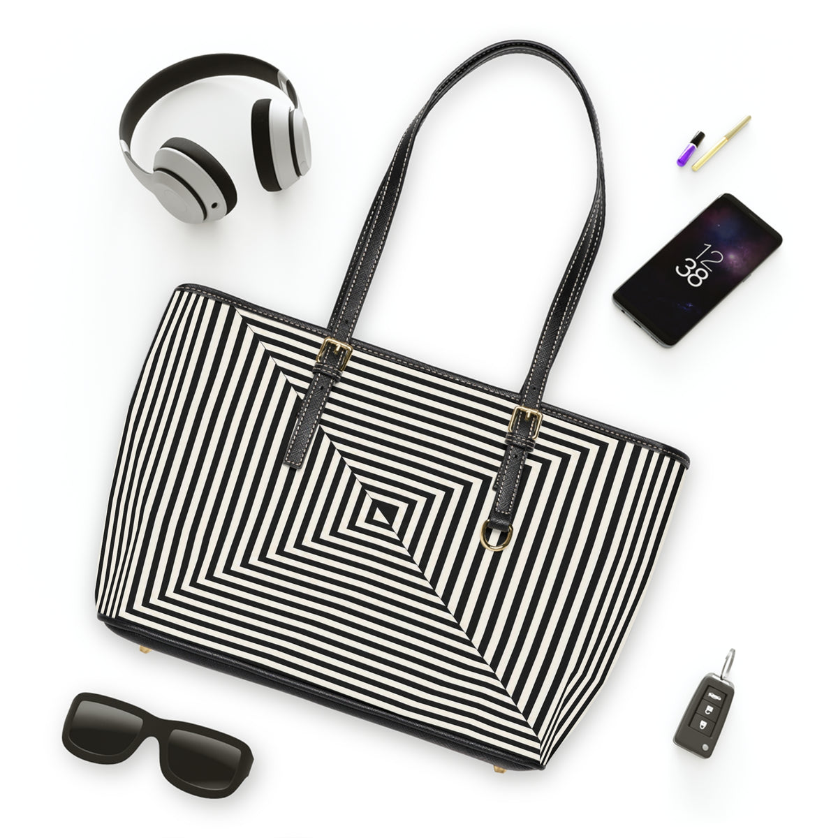 Geometric Spiral Tote Bag — Black & White Optical PU Shoulder Bag