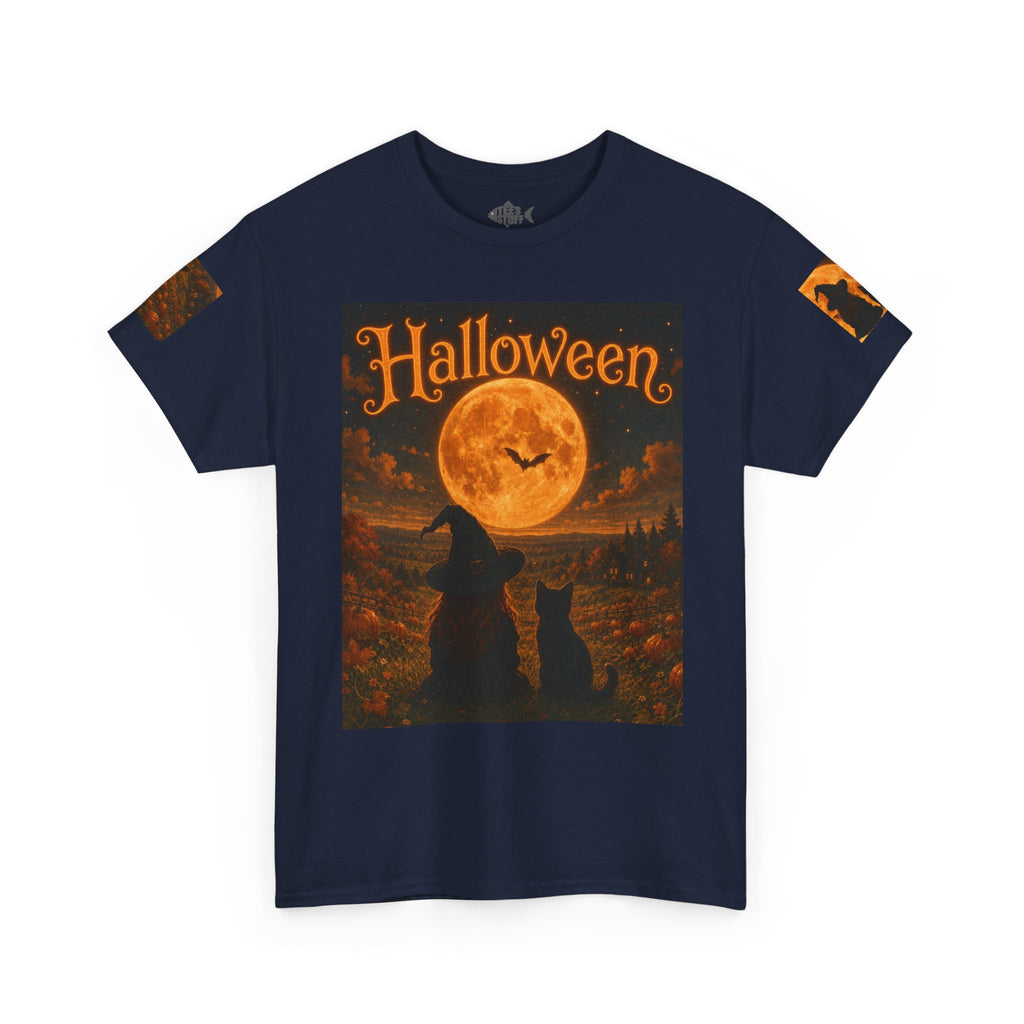 Halloween Graphic Tee — "It's Halloween" Witch & Cat Moon Design