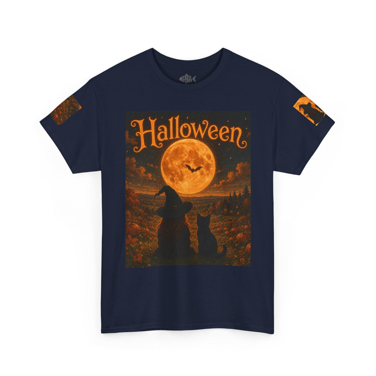 Halloween Graphic Tee — "It's Halloween" Witch & Cat Moon Design