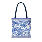 Nassau Blue Coastal Toile Tote Bag — Nautical Bahama / Palm Beach Scene All-Over Print