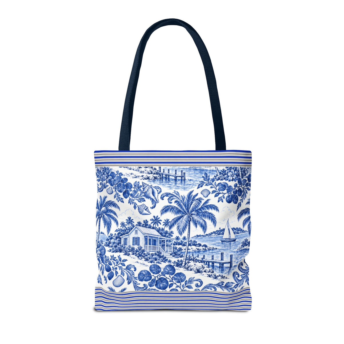 Nassau Blue Coastal Toile Tote Bag — Nautical Bahama / Palm Beach Scene All-Over Print