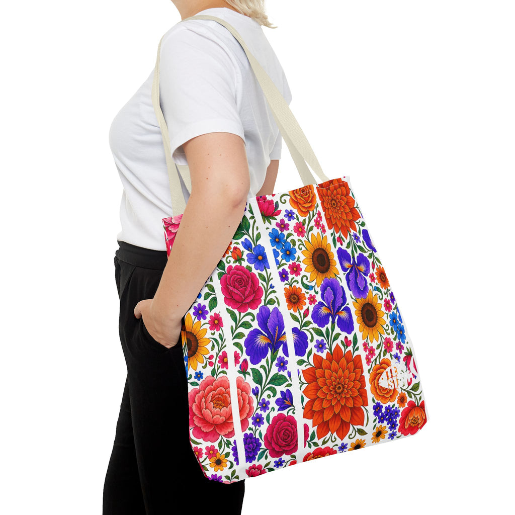 Floral Stripe Tote Bag — Bright Mexican Folk Art Flowers AOP