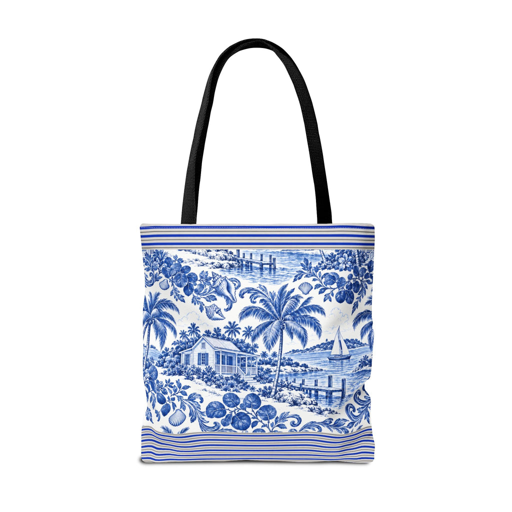 Nassau Blue Coastal Toile Tote Bag — Nautical Bahama / Palm Beach Scene All-Over Print