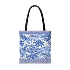 Nassau Blue Coastal Toile Tote Bag — Nautical Bahama / Palm Beach Scene All-Over Print