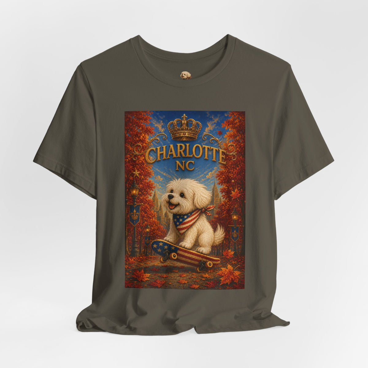 Charlotte NC Dog Tee — Cute Pup on Skateboard Patriotic T‑Shirt