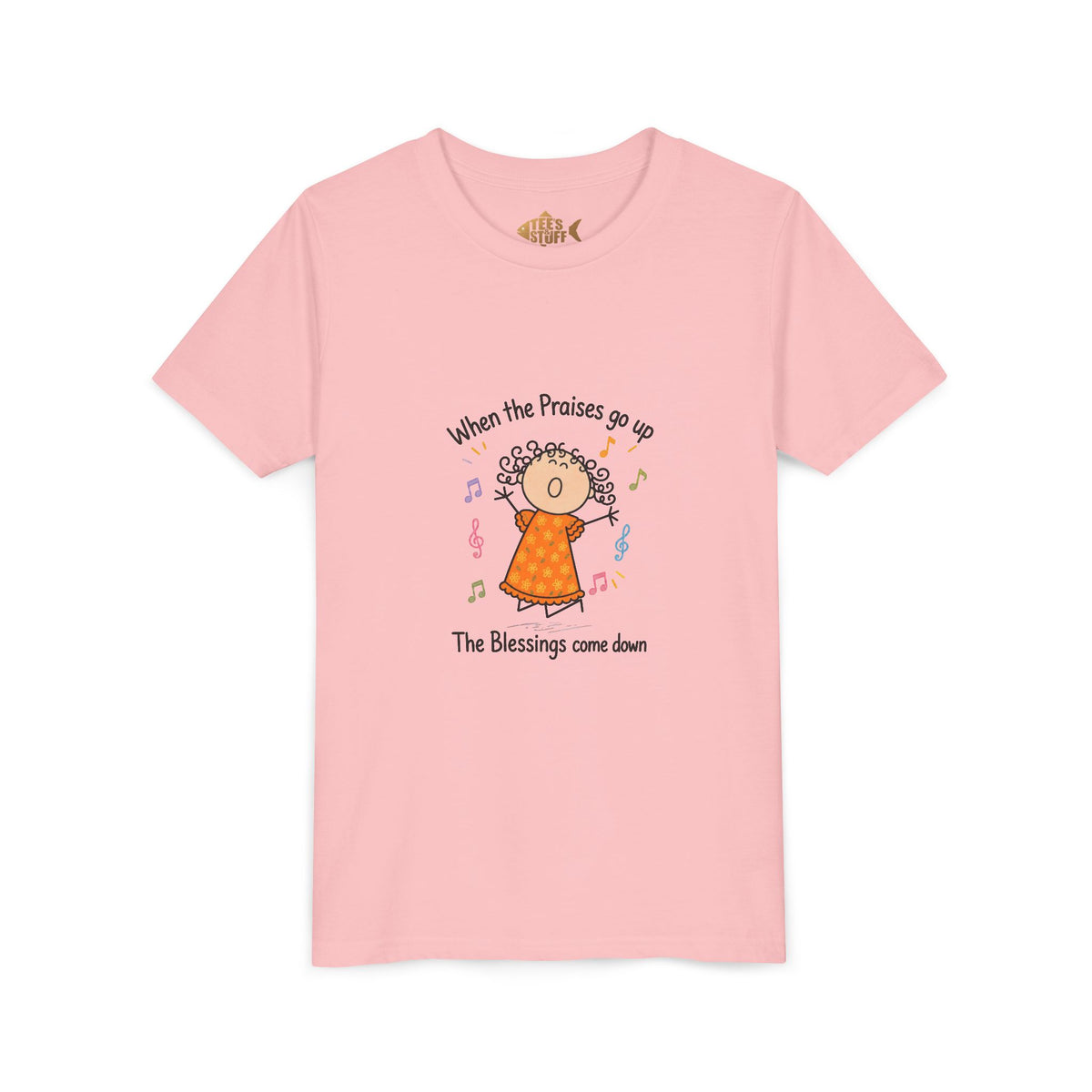 Youth Tee — "When the Praises Go Up, The Blessings Come Down" Kids Christian Shirt