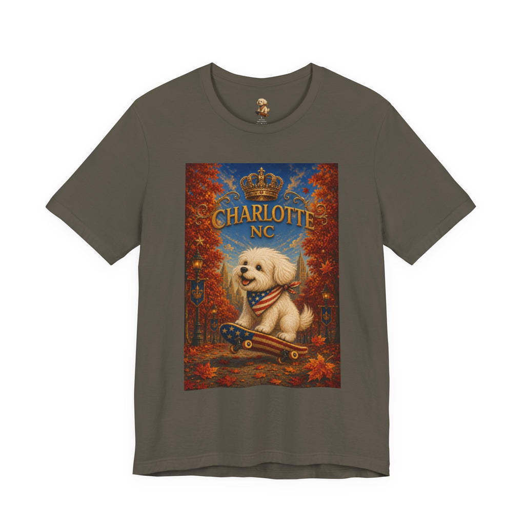 Charlotte NC Dog Tee — Cute Pup on Skateboard Patriotic T‑Shirt