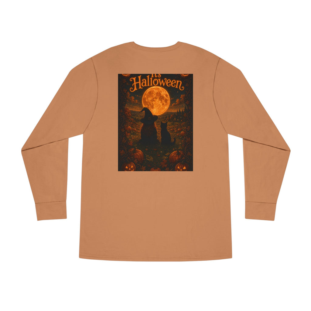 Halloween Cat Long Sleeve Tee — 'Hello Halloween' Jack-O'-Lantern Graphic