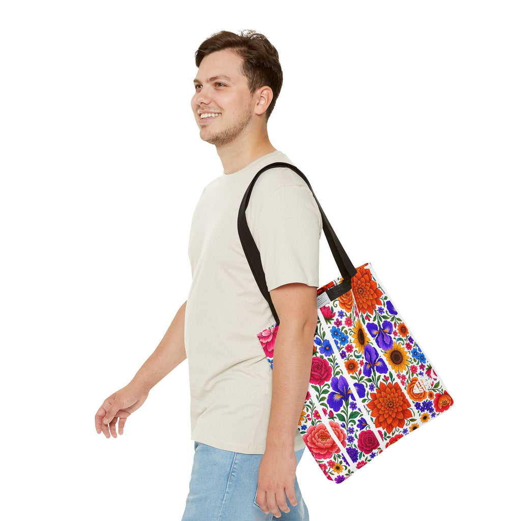 Floral Stripe Tote Bag — Bright Mexican Folk Art Flowers AOP