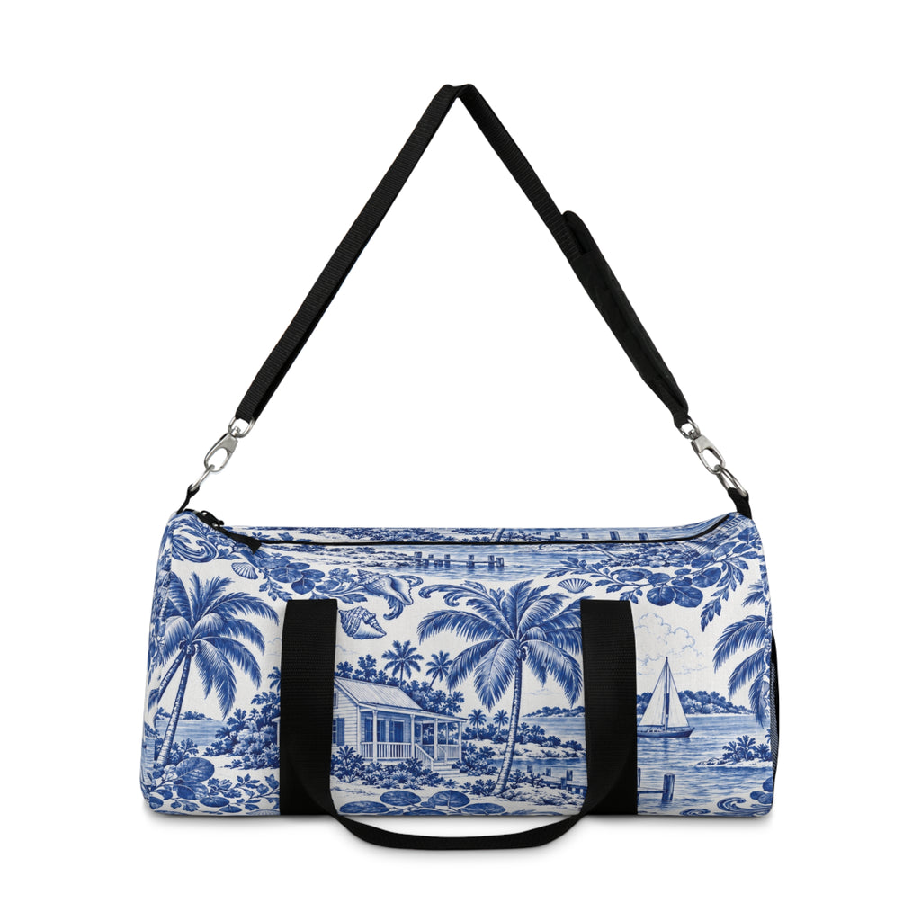 Tropical Blue Toile Duffel Bag — Coastal Palm & Sailboat Weekend Bag