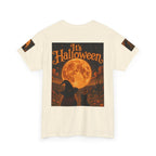 Halloween Graphic Tee — "It's Halloween" Witch & Cat Moon Design